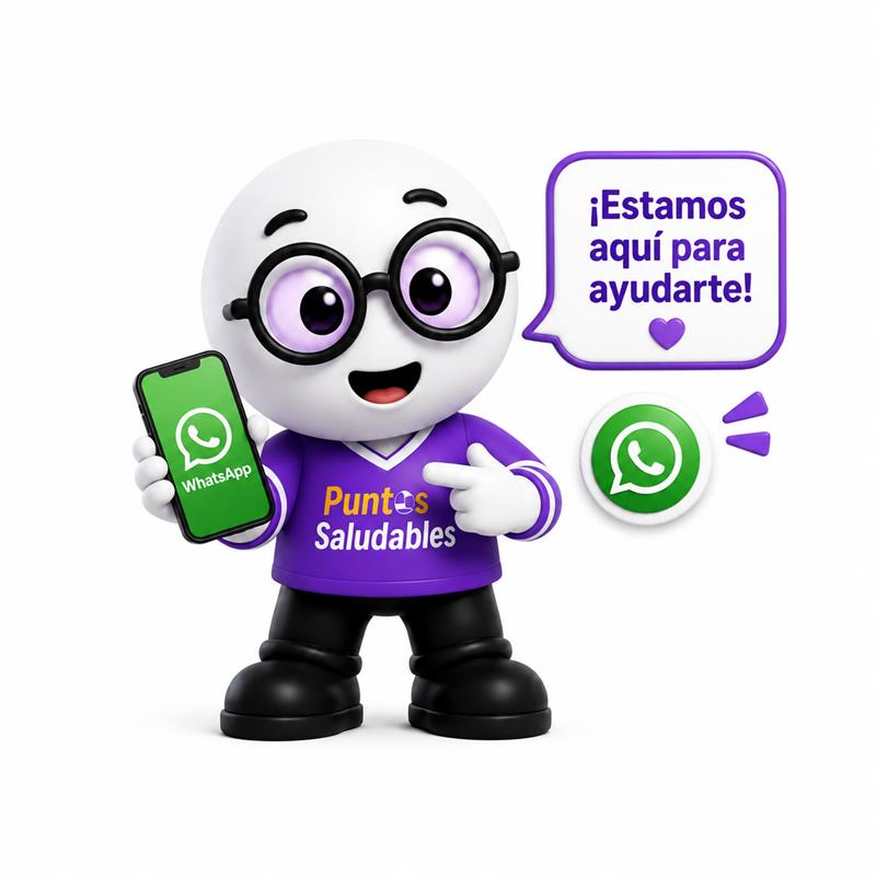 Mascota de Farmacias Javillo sosteniendo un teléfono con la app de WhatsApp abierta